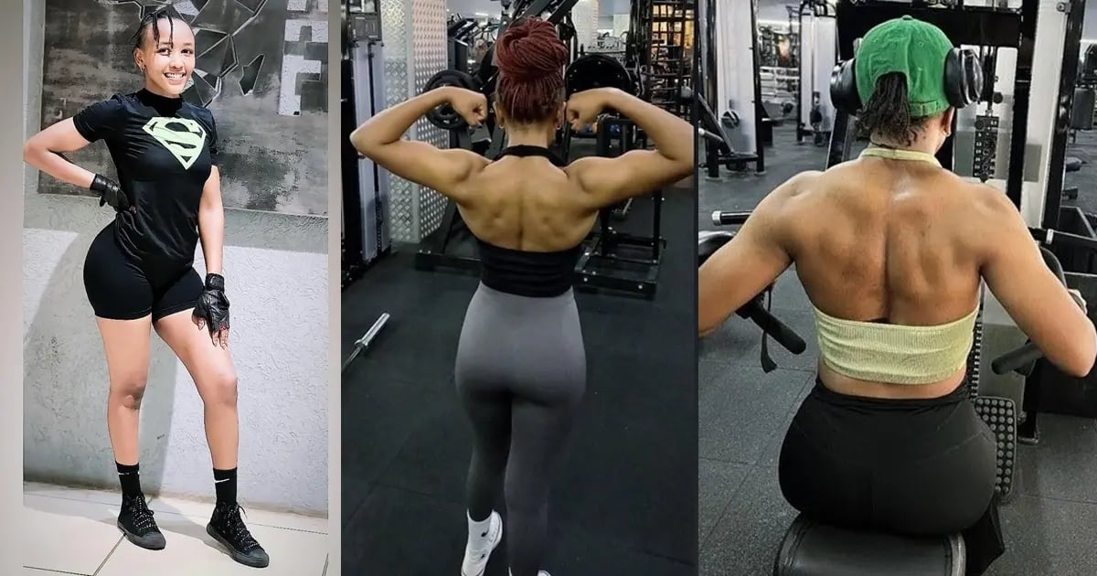 Three-year fitness transformation collage showing Stacy Thiong'o's progressive muscle development from 2023 to 2025