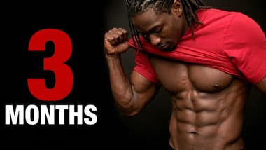 Man lifting his shirt to reveal his abs next to text reading '3 months'
