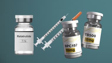 Syringes and vials representing peptides like BPC-157, TB-500, and retatrutide