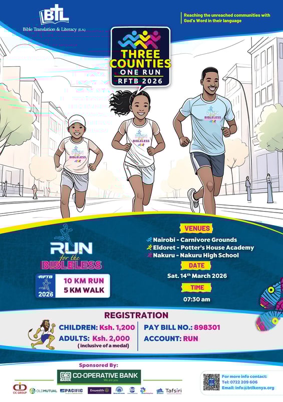 Run for the Bibleless 2026 - Three Counties One Run poster