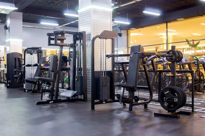 Row of arm workout machines at AfroFit TRM gym with sled track in the background