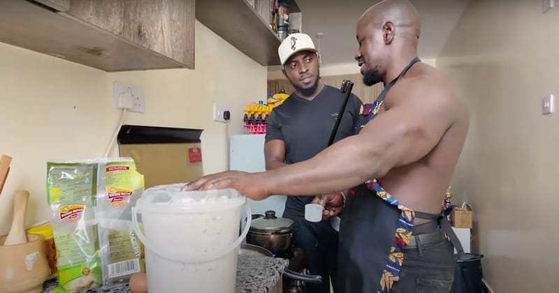 Peter Ochino holding a bucket of Omena 6000 mixture