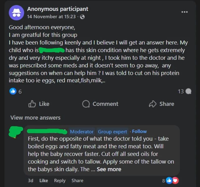 Screenshot of group expert advising member to ignore doctor